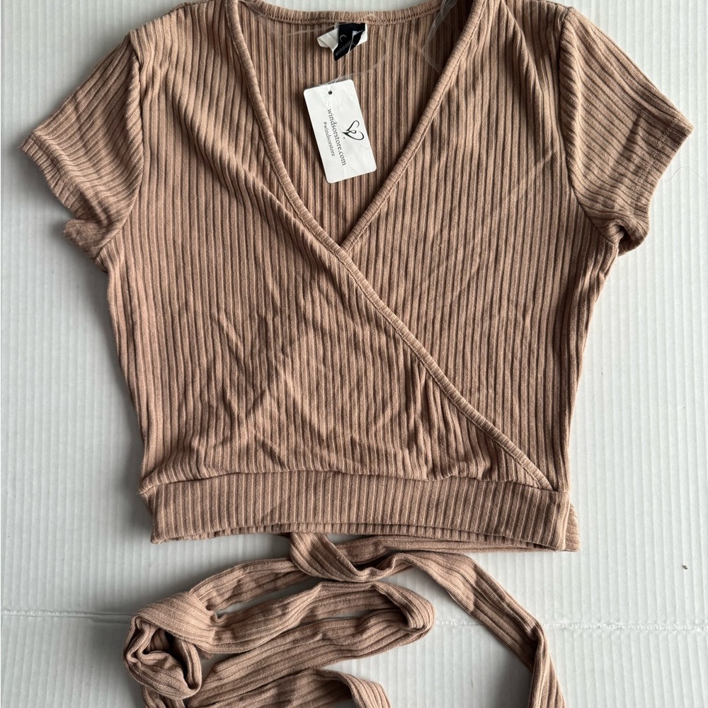 Windsor Ribbed Wrap Crop Top in Taupe